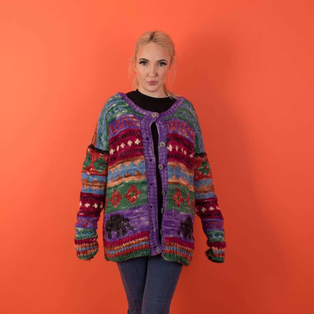 Colourful vintage striped cardigan, handknitted elephant cardigan, womens hippie retro knitwear - Large - Image 6