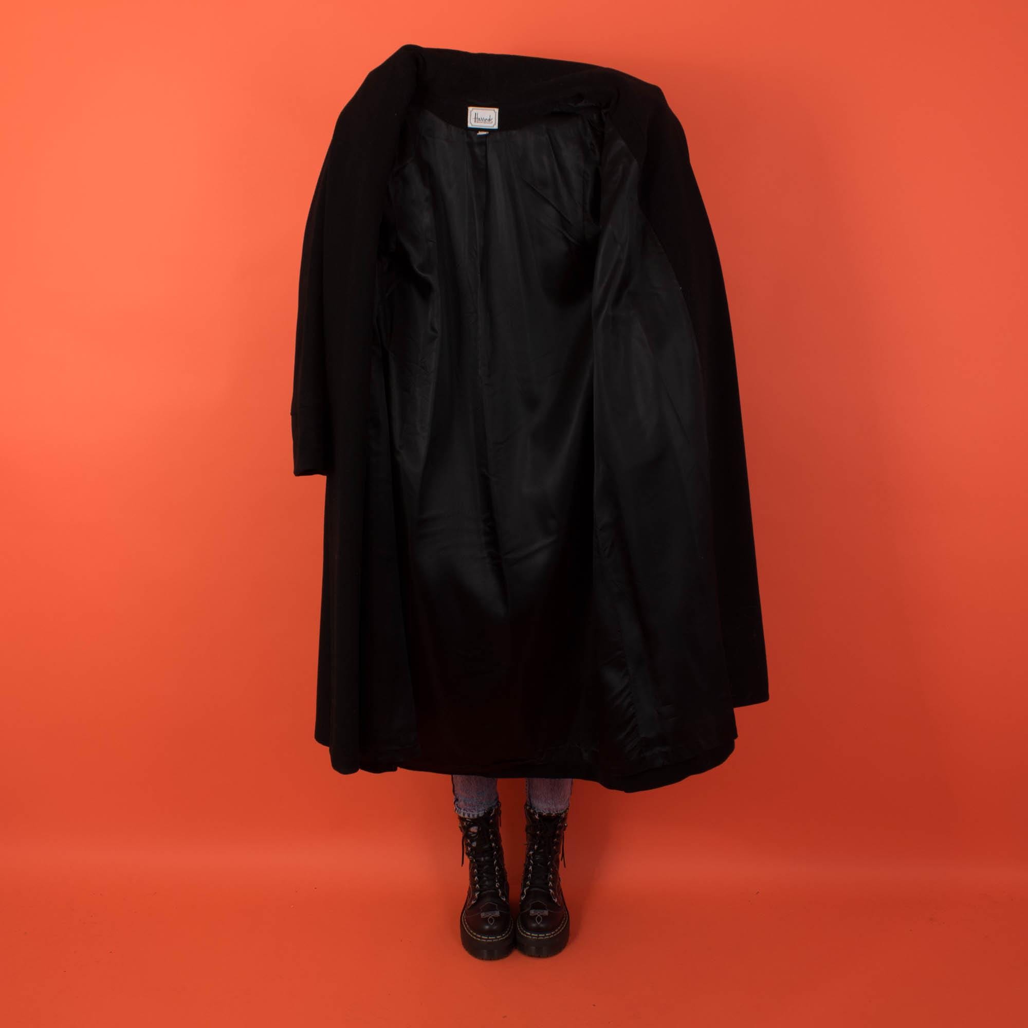 Vintage Harrods long wool coat, womens 90s black wool coat - Small / Medium - Image 9