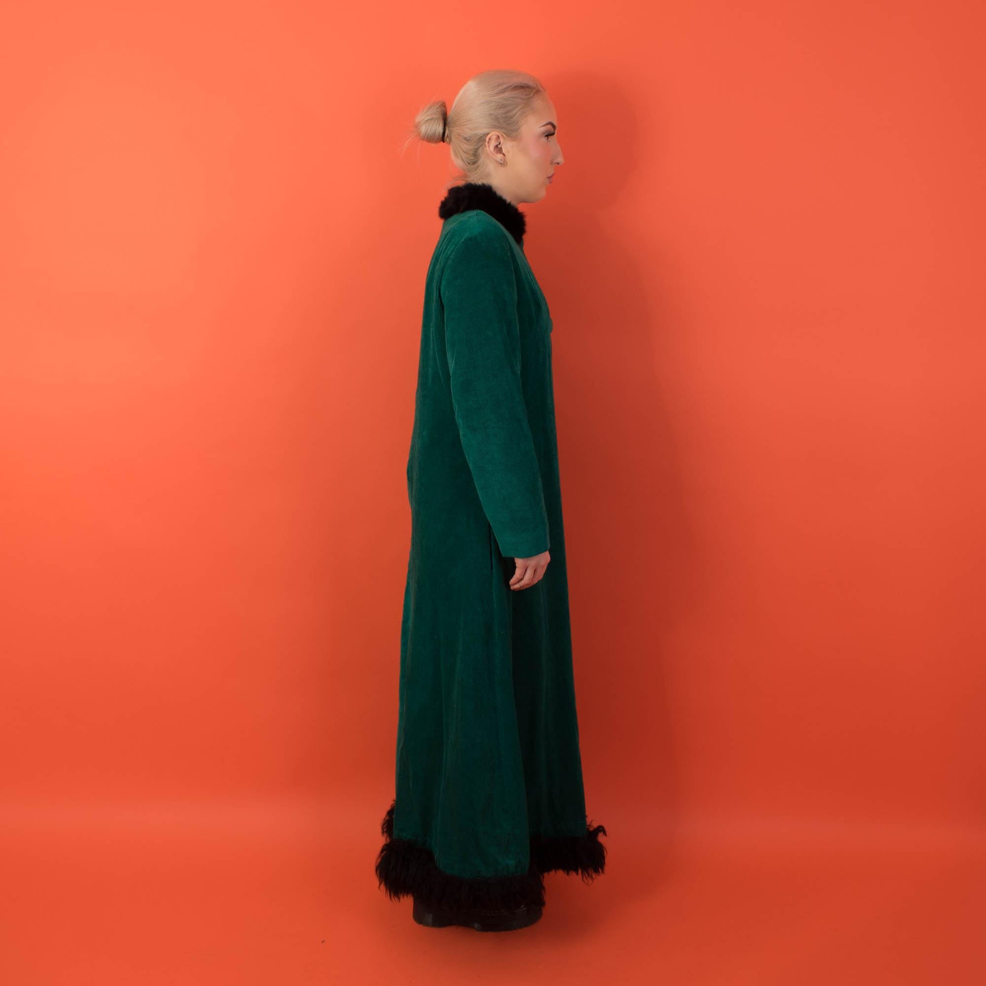 70s vintage green cord coat with faux fur trim, long womens retro party jacket - Medium - Image 2