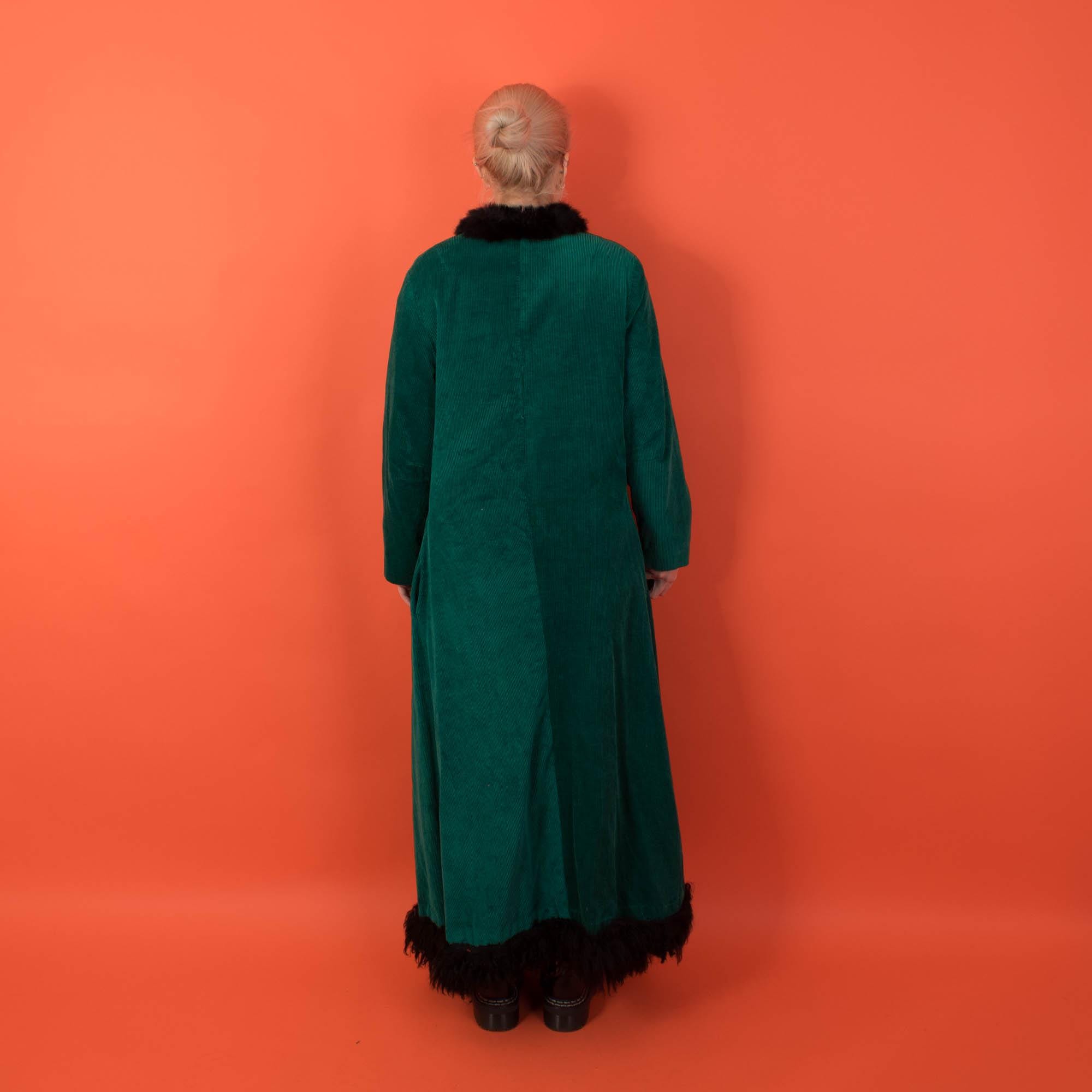 70s vintage green cord coat with faux fur trim, long womens retro party jacket - Medium - Image 4