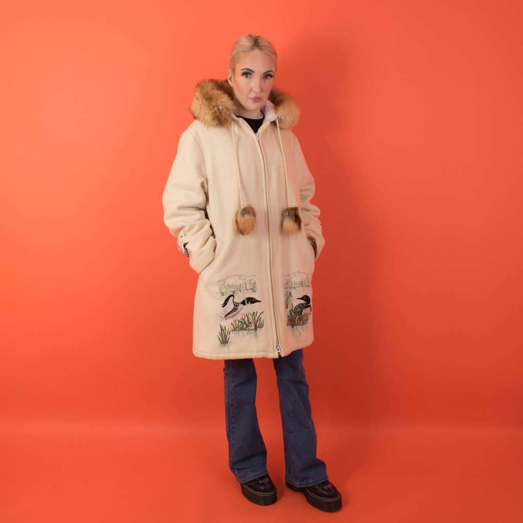 Vintage Northern Sun Limited Edition wool parka jacket, embroidered duck hooded wool coat, made in Canada - Medium - Image 5