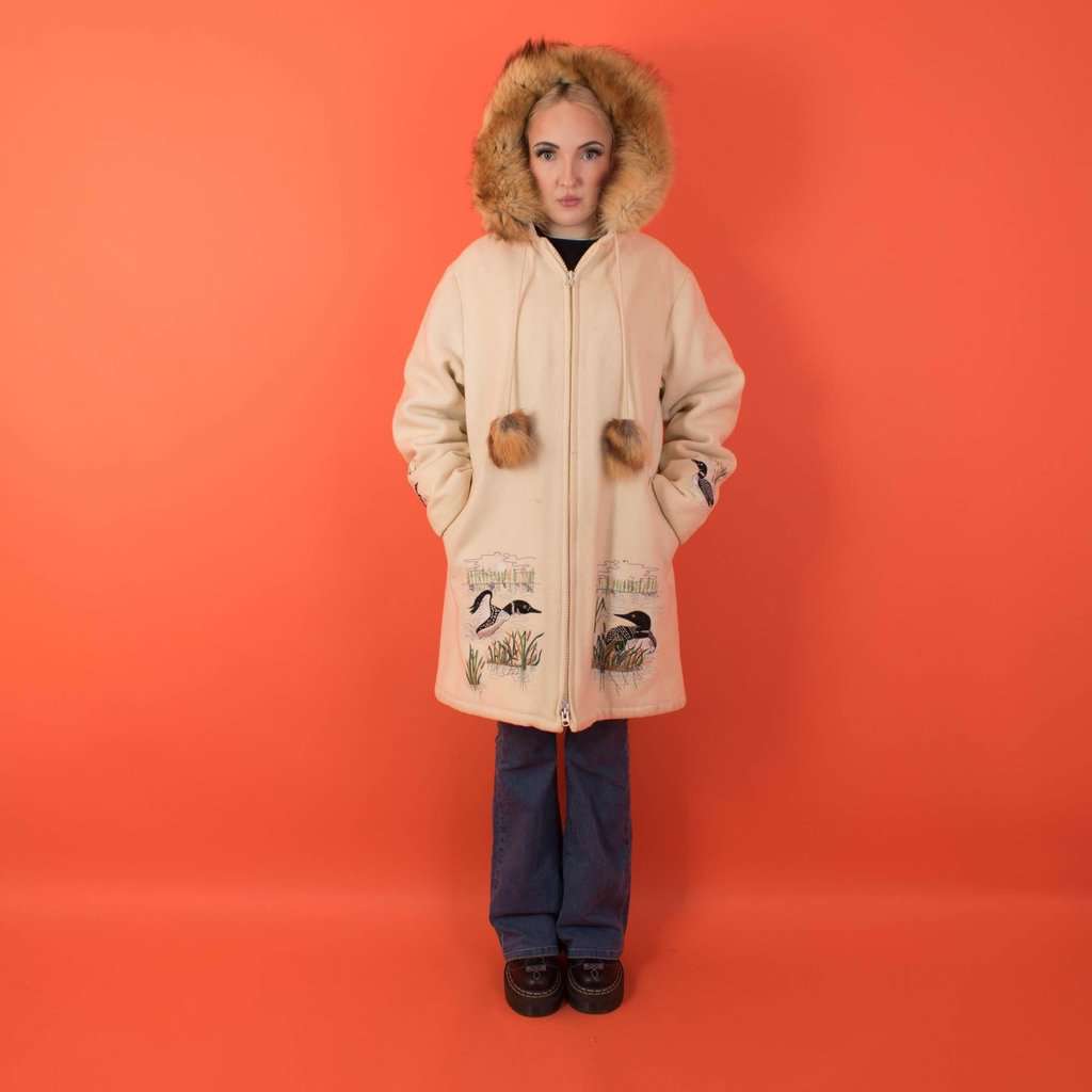 Vintage Northern Sun Limited Edition wool parka jacket, embroidered duck hooded wool coat, made in Canada - Medium