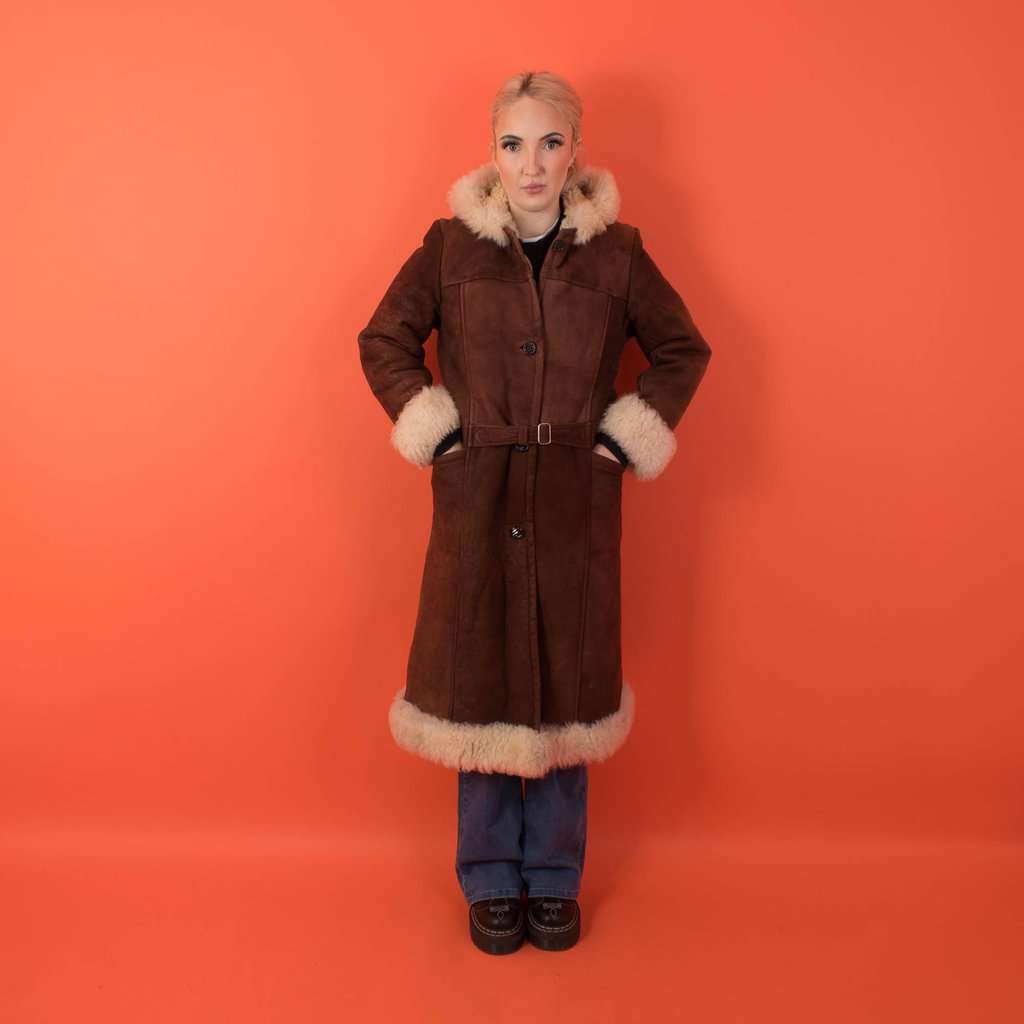 Vintage suede Penny Lane coat, womens hooded shearling boho hippie coat, retro Afghan coat - XS / Small - Image 5