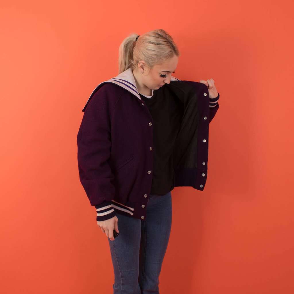 1980s vintage DeLong varsity jacket, womens purple American retro sports jacket, sailor collar - Small - Image 6