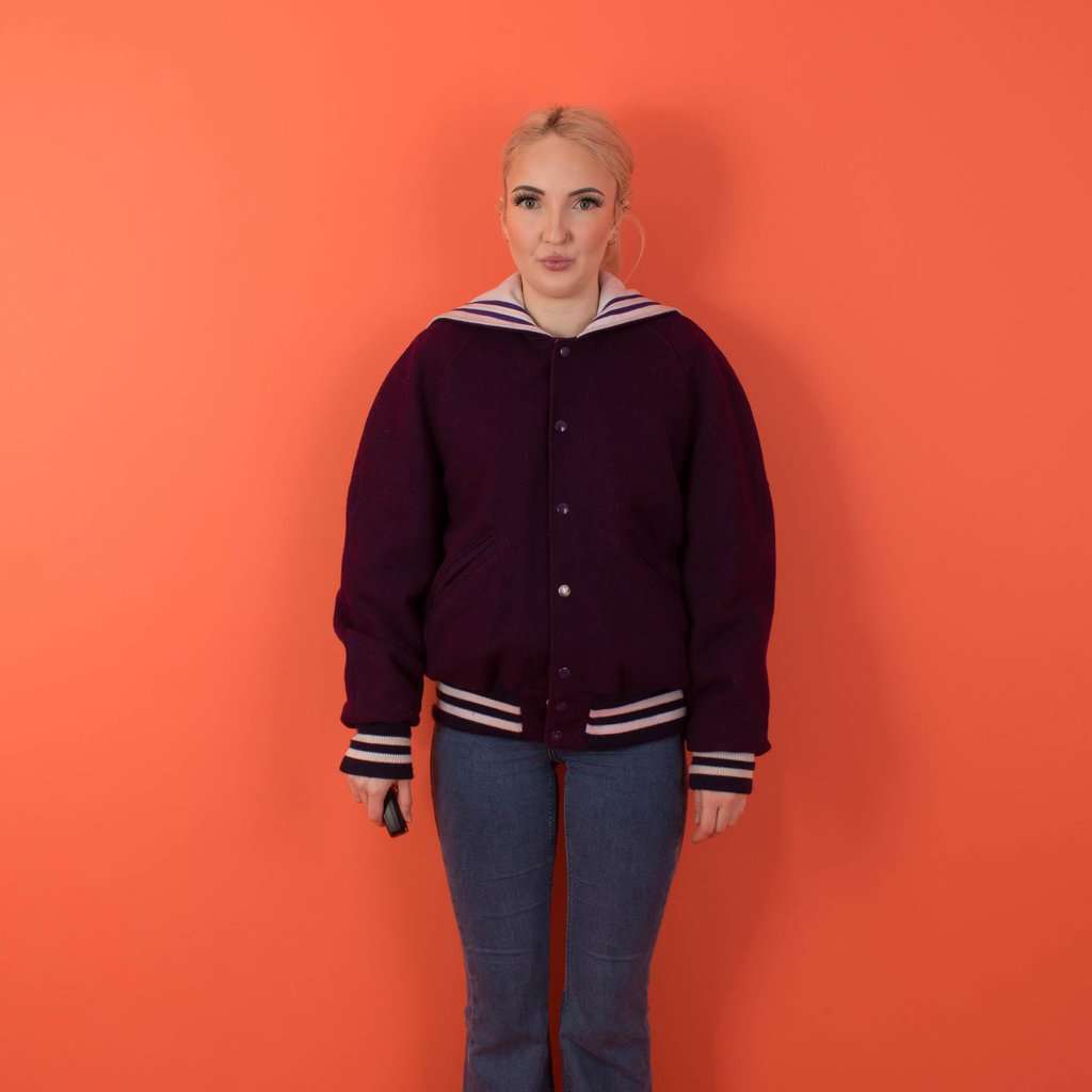 1980s vintage DeLong varsity jacket, womens purple American retro sports jacket, sailor collar - Small