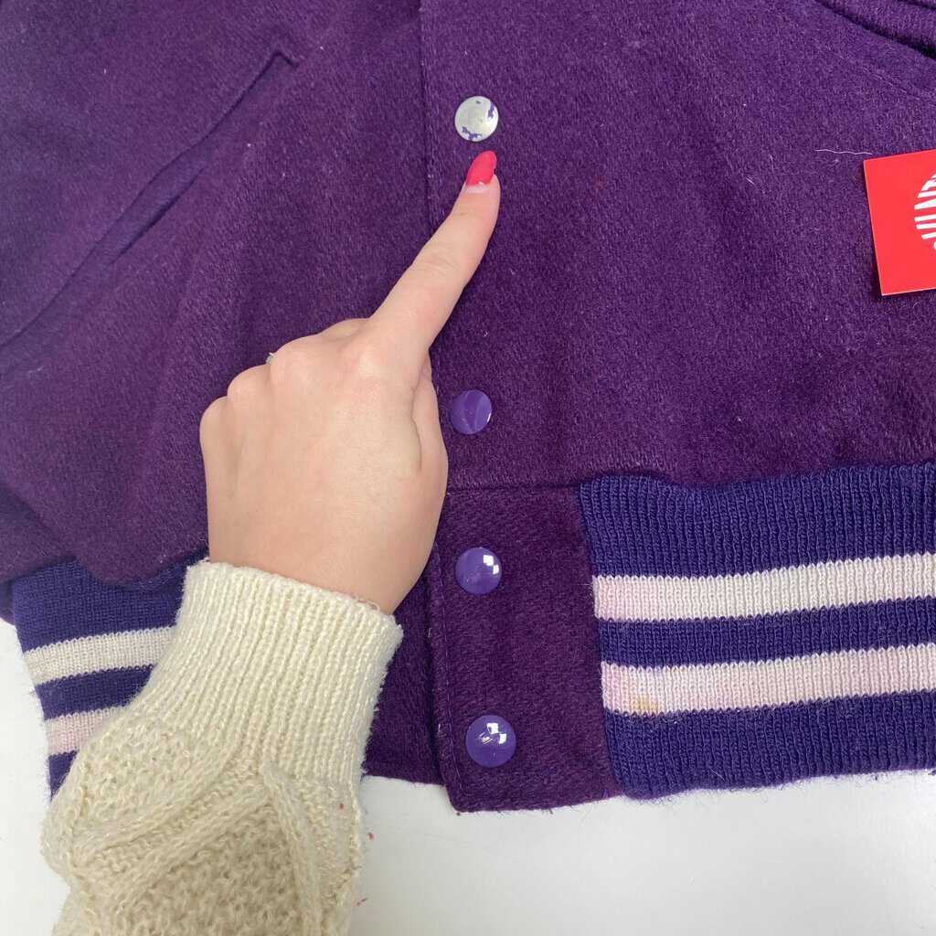 1980s vintage DeLong varsity jacket, womens purple American retro sports jacket, sailor collar - Small - Image 8