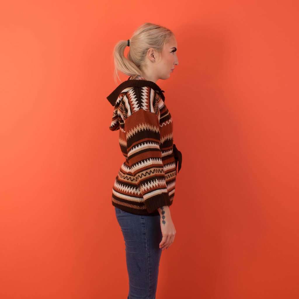Vintage 70s St Michael hooded jumper in orange, brown and beige stripes, womens autumnal sweater with waist tie - Small / Medium - Image 2