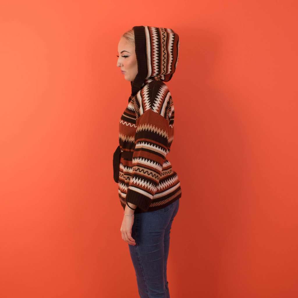Vintage 70s St Michael hooded jumper in orange, brown and beige stripes, womens autumnal sweater with waist tie - Small / Medium - Image 3