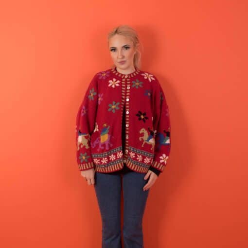 Rare vintage Joseph Tricot red floral cardigan, womens knitted horse elephant cardigan, epic vintage cardigan - Large