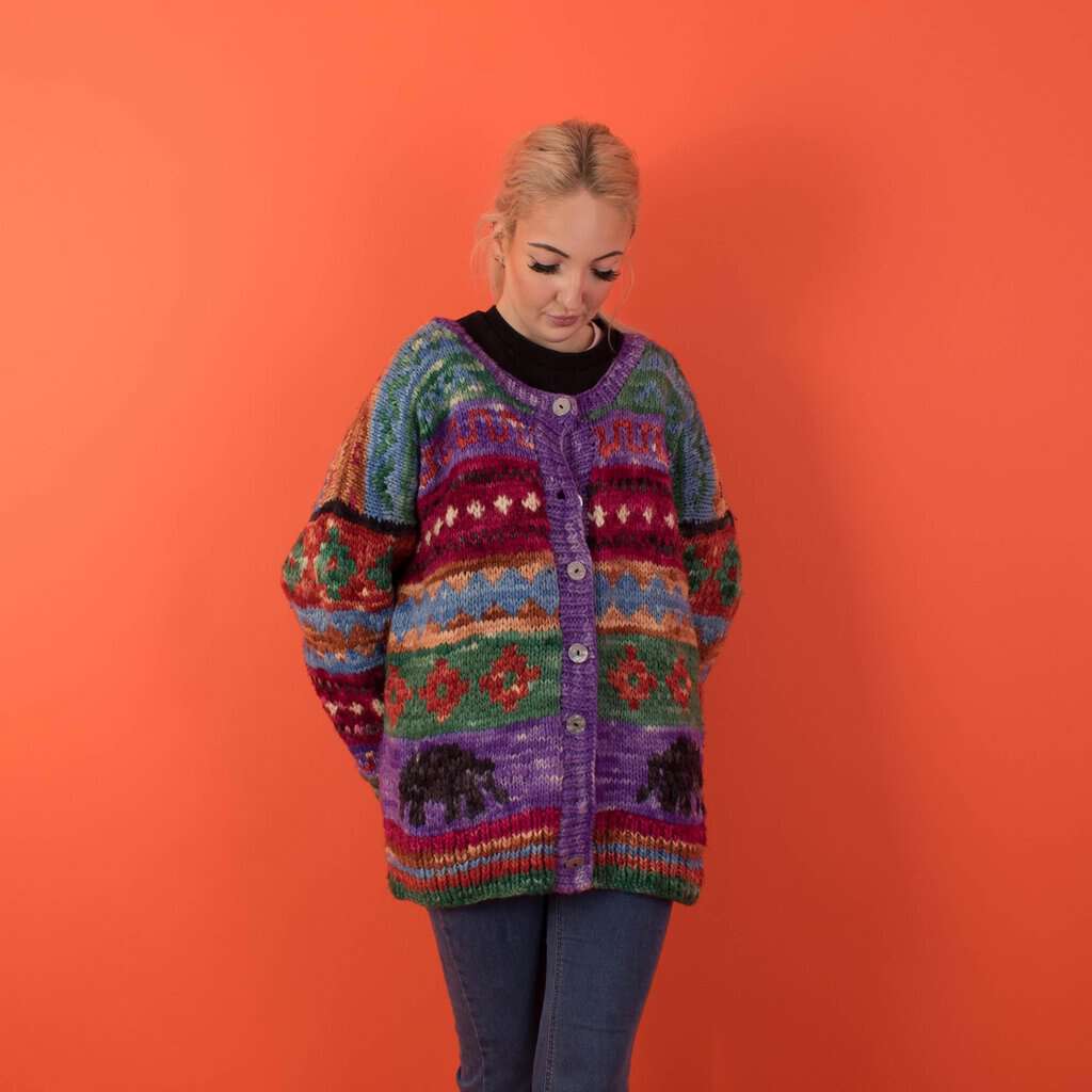 Colourful vintage striped cardigan, handknitted elephant cardigan, womens hippie retro knitwear - Large - Image 7