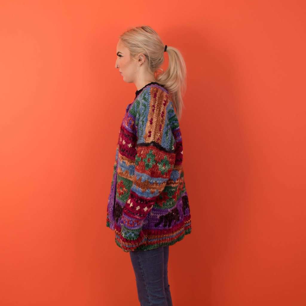 Colourful vintage striped cardigan, handknitted elephant cardigan, womens hippie retro knitwear - Large - Image 3