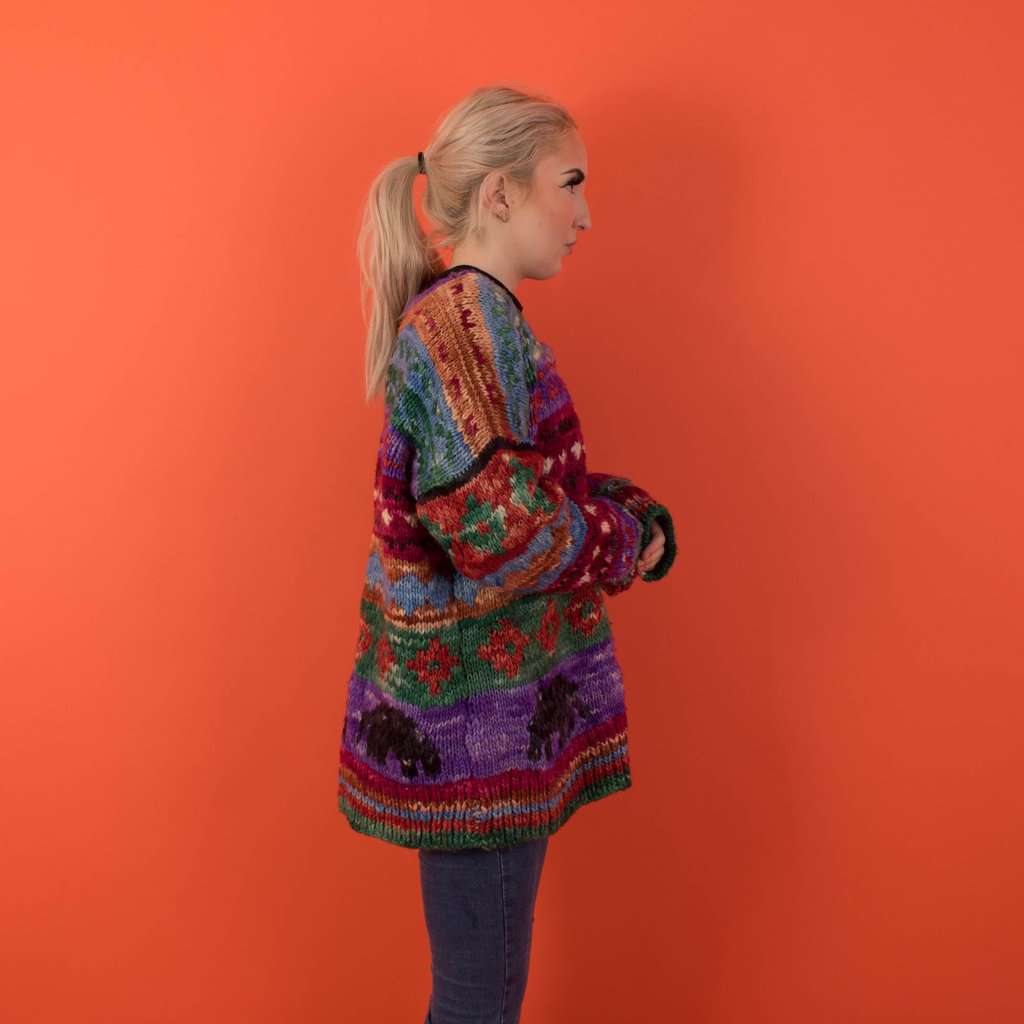 Colourful vintage striped cardigan, handknitted elephant cardigan, womens hippie retro knitwear - Large - Image 2
